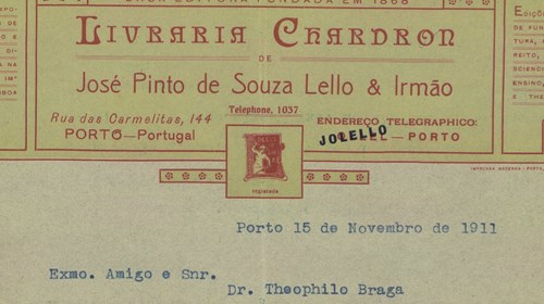 Carta dos irmãos Lello, da Livraria Chardron, para Teófilo Braga, manifestando disponibilidade para imprimir obras suas e refletindo sobre o estado da República, implantada um ano antes.