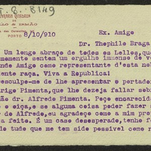 Cartão de António Lello, da Livraria Chardron, felicitando Teófilo Braga pela nomeação para o cargo de presidente do Governo Provisório (frente).