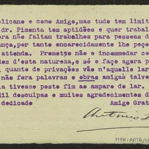 Cartão de António Lello, da Livraria Chardron, felicitando Teófilo Braga pela nomeação para o cargo de presidente do Governo Provisório (verso).