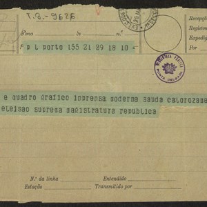 Telegrama de Manuel Lello, da Livraria Chardron, felicitando Teófilo Braga pela sua eleição para a Presidência da República.