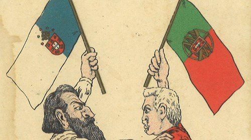 Bilhete-postal (frente) com caricatura alusiva à «querela da bandeira»: à esquerda, Guerra Junqueiro. À direita, Teófilo Braga.