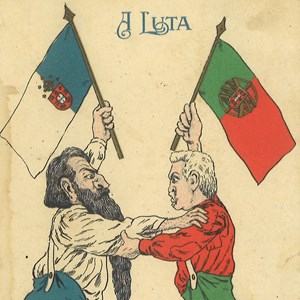 Bilhete-postal (frente) com caricatura alusiva à «querela da bandeira»: à esquerda, Guerra Junqueiro. À direita, Teófilo Braga.