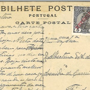 Verso do bilhete-postal enviado por Bernardo de Magalhães a Albertina de Magalhães.
