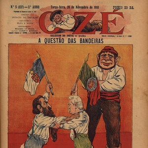 Capa do jornal satírico «O Zé», de 29 de novembro de 1910 com caricatura de Silva e Sousa alusiva à «querela da bandeira».