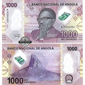 Nota de 1000 kwanzas, a moeda nacional de Angola, onde se destaca na janela transparente o «Pensador».