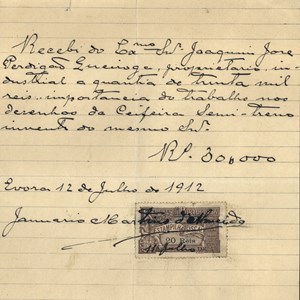 Recibo de pagamento de Januário Martins de Almeida para Joaquim Perdigão Queiroga, relativo a trabalhos de desenho técnico de ceifeira semi-trenó, máquinas inventadas pelo pai de Maria Joana Queiroga de Almeida.