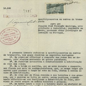 Patente de invenção de Joaquim José Perdigão Queiroga relativa a aperfeiçoamentos em carros de transporte.