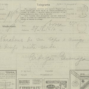 Telegrama de Perdigão Queiroga para o genro, António José de Almeida, felicitando-o pelo seu aniversário.