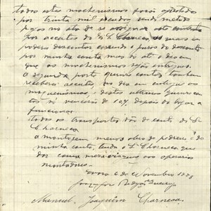 Contrato de fornecimento de sistema agrícola (moinho, bacia, prensa, etc.) para fabrico de azeite, celebrado entre Manuel Joaquim Charneca e Joaquim José Perdigão Queiroga.