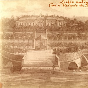 Lisboa antiga: Palácio Real de Belém. Em primeiro plano, o cais; à direita, o Picadeiro Real, obra do Rei D. João VI (1789).