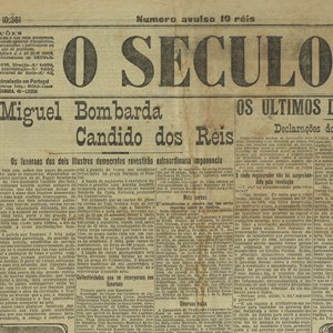 Primeira página de «O Século», relatando o funeral de Miguel Bombarda e de Cândido dos Reis, entre outros assuntos.