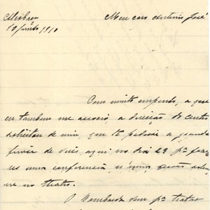 Carta de António de Sousa Neves para o deputado António José de Almeida solicitando presença e discurso em conferência, em que Miguel Bombarda trataria da questão clerical. (01/02)