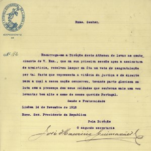 Carta enviada pelo Ateneu Comercial de Lisboa ao Presidente Sidónio Pais assinalando o contentamento daquela instituição cultural pelo fim da Guerra.