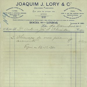 Fatura da compra de duas «alianças de ouro para casamento» em nome de António José de Almeida.