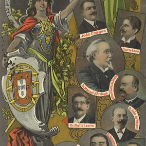 Bilhete-postal com alusão ao Governo Provisório decretado pela revolução republicana, com representação feminina da República.
