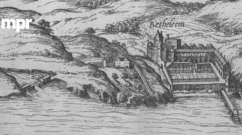 O Outeiro de D. Manuel de Portugal. Pormenor da gravura publicada na obra Civitates orbis terrarum. Trata-de um álbum com vistas panorâmicas de cidades europeias, africanas e asiáticas, promovido pelo alemão Georg Braun. Os desenhos foram feitos por diferentes autores. Os vários volumes foram publicados entre 1572 e 1617.