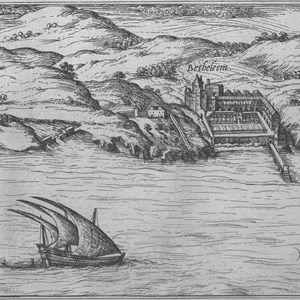 O Outeiro de D. Manuel de Portugal, propriedade que está na origem do atual Palácio de Belém, encontra-se por baixo da inscrição «Betheleem». Pormenor da gravura publicada na obra «Civitates orbis terrarum».