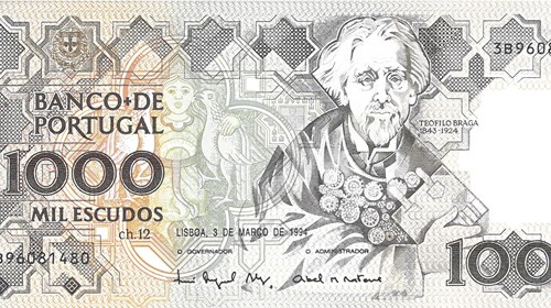 Nota de mil escudos com a efígie de Teófilo Braga.