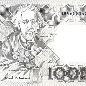 Nota de mil escudos com a efígie de Teófilo Braga.