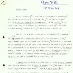 Discurso de tomada de posse de António de Spínola como Presidente da República portuguesa, cargo que assumiu na sequência da decisão da Junta de Salvação Nacional (1/9).