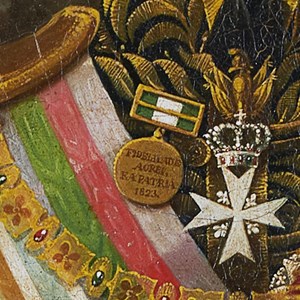 Retrato do Rei D. Miguel I: pormenor da banda com as cores das três ordens militares (Santiago da Espada, Cristo e Avis).