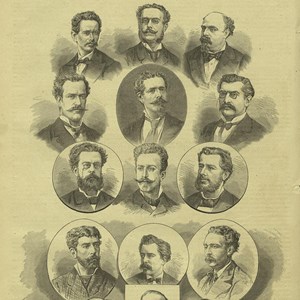 A comissão que organizou os festejos do Tricentenário da morte de Camões, a 10 de junho de 1880, de que fazia parte Teófilo Braga. Estes festejos foram um marco na difusão dos ideais republicanos.
Disponível em: https://hemerotecadigital.cm-lisboa.pt/obras/ocidente/1880/N63/N63_master/N63.pdf