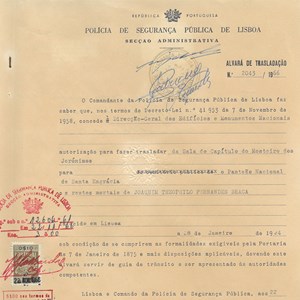 Autorização da Polícia de Segurança Pública para a trasladação dos restos mortais de Teófilo Braga do Mosteiro dos Jerónimos para o Panteão Nacional (Alvará de trasladação n.º 2043).