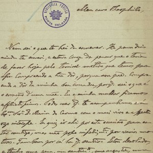 Carta de Flórido Teles de Menezes Vasconcelos para Teófilo Braga, lamentando a morte do seu filho, e afilhado, Teófilo. Nalgumas cartas, Flórido trata Teófilo Braga e sua mulher por «compadres».