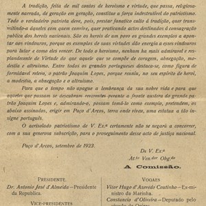 Circular da comissão promotora da estátua ao Patrão Joaquim Lopes presidida por António José de Almeida, Presidente da República.