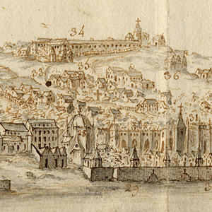 Belém e Ajuda, na «Vista e perspectiva da Barra, Costa e Cidade de Lisboa»: no cimo da colina da Ajuda, a Real Barraca (n.º 34).