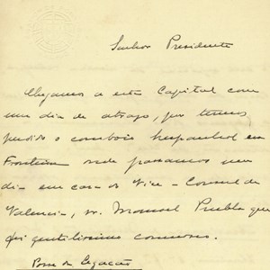 Carta enviada por Egas Moniz ao Presidente Sidónio Pais, relatando a sua chegada à legação de Portugal em Madrid (primeira página).