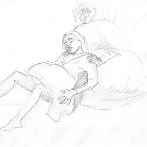 «Natividade I», estudo a carvão para o «Ciclo da Vida da Virgem Maria», da autoria de Paula Rego.