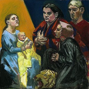 «Adoração», pastel sobre papel, da autoria de Paula Rego. Integra o «Ciclo da Vida da Virgem Maria», exposto na capela do Palácio de Belém.