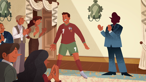 Frame do filme de animação «Como usar uma condecoração» que representa o futebolista Cristiano Ronaldo recebendo a Ordem do Infante D. Henrique.