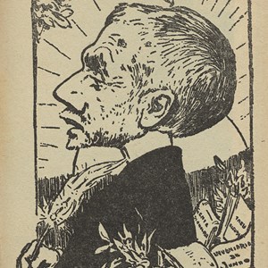 Caricatura de Francisco Valença com referência às primeiras obras publicadas por Manuel Teixeira Gomes.