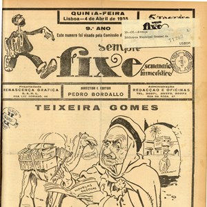 Caricatura de Francisco Valença com alusão à obra publicada por Manuel Teixeira Gomes, desde Bougie (atual Bejaia, Argélia), onde vivia desde 1931.